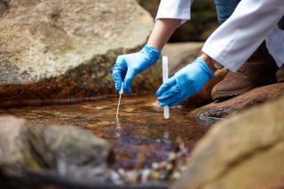 Scientist taking water sample from a river