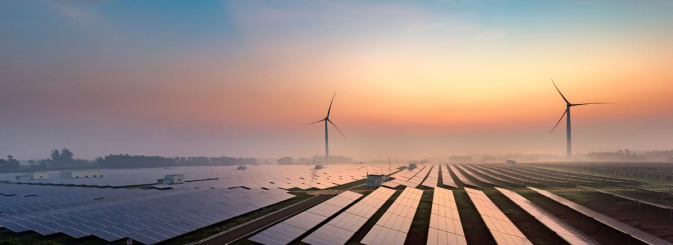 Renewable energy sources including solar panels and wind turbines